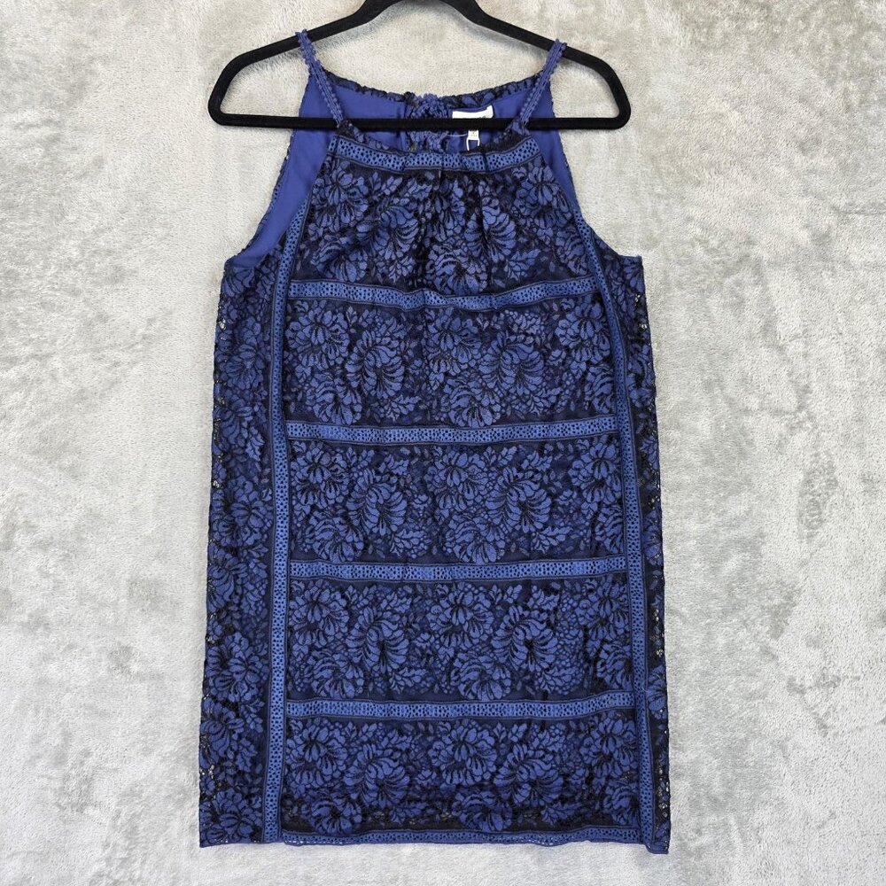 Max Studio Dress Womens XS Navy Blue Floral Lace Halter Shift Sleeveless Lined